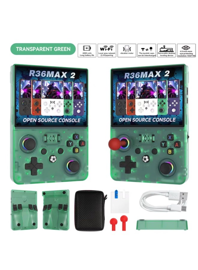 جهاز الألعاب المحمول R36MAX 2 Retro، شاشة IPS HD مقاس 4.5 بوصة، معالج عالي الأداء بتردد 1.5 جيجاهرتز، بطارية سعة 4000 مللي أمبير، دعم لمحاكيات متعددة، جهاز ألعاب فيديو كلاسيكي بنمط "الأركيد" – اللون أخضر. - Image 1