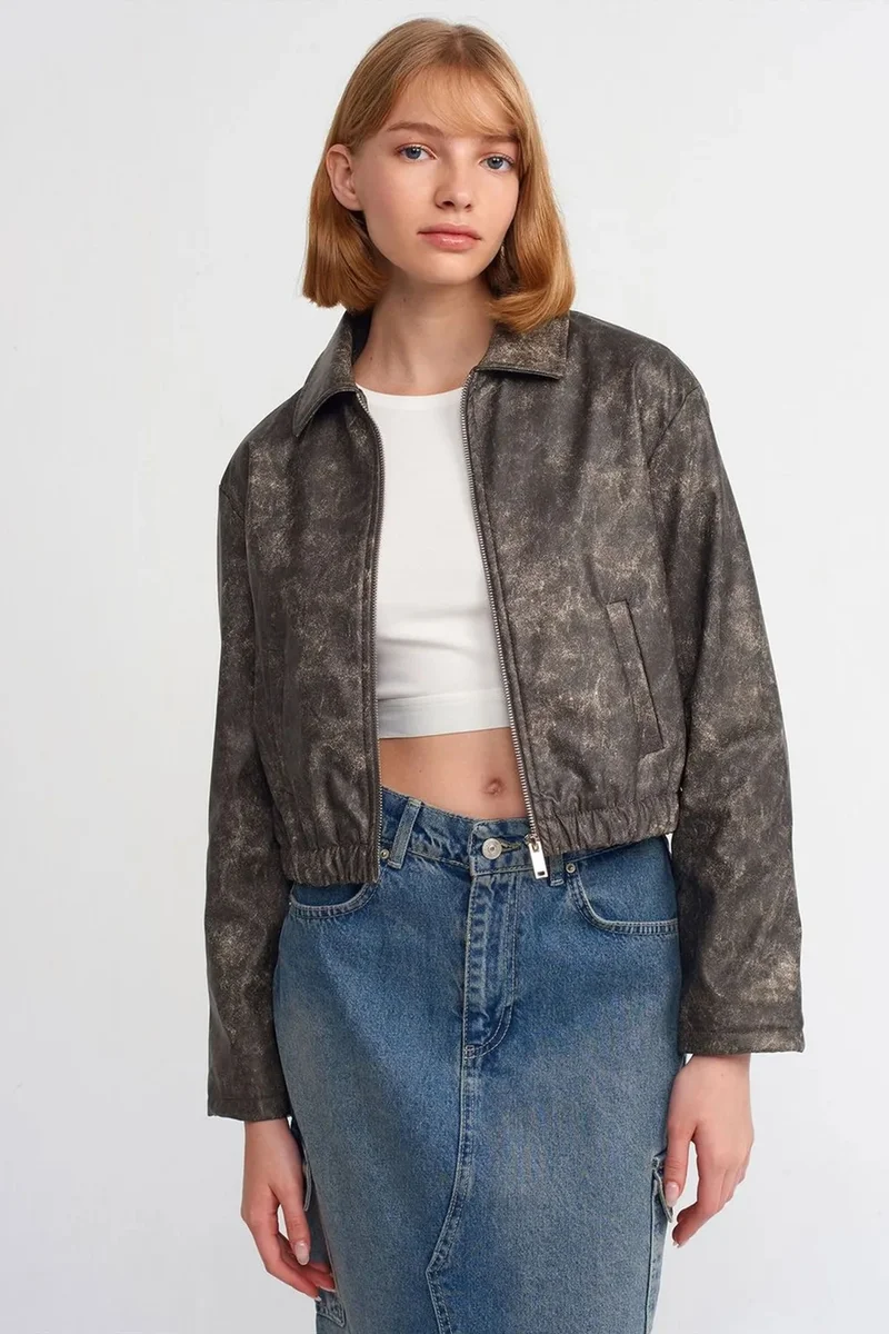 DILVIN Crop Faux Leather Bomber Jacket