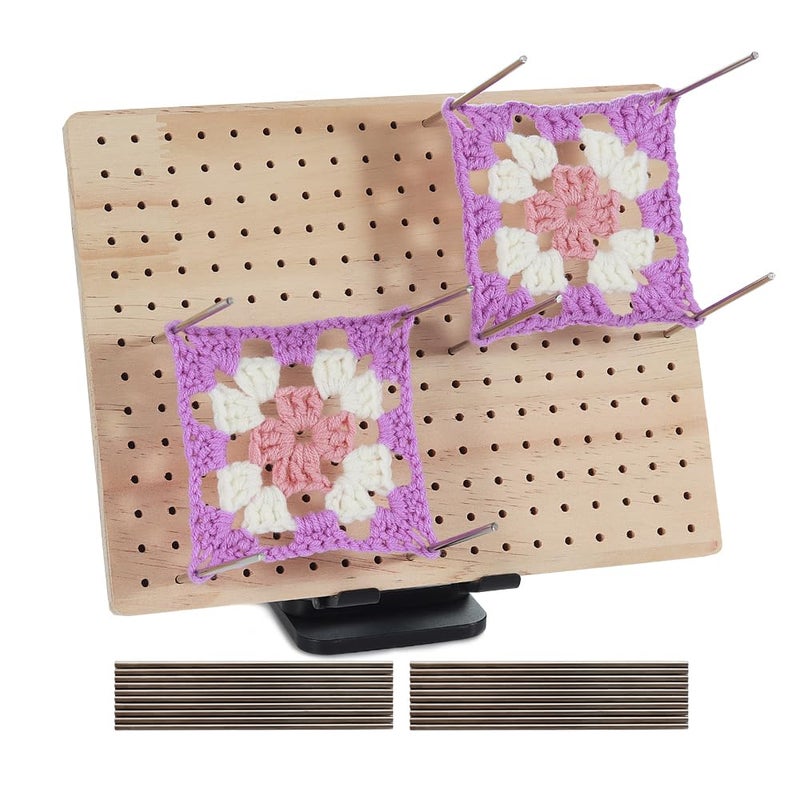 Ieusew 9.8 x7.7 inches Crochet Blocking Board with Pegs, Wooden Blocking Boards for Granny Square Projects, 20 Pcs Stainless Steel Rods - Image 1