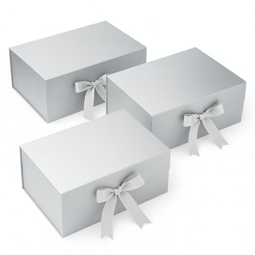 Awestuffs Gift Box Modern Folding Boxes with Ribbon Readymade Boxes for Gifting, Birthday, Parties, Festivals and Return Gifts (Size: Large) (Colour: Silver) (23 x 16 x 10 cm) (Set of 3) - Image 1
