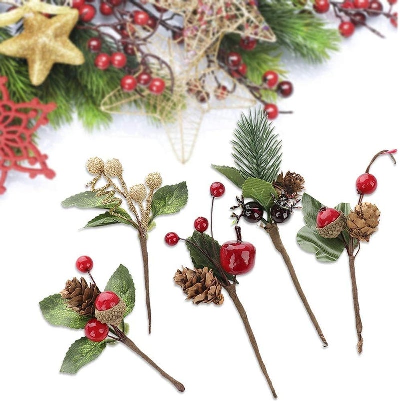 VRB Dec 6pcs Christmas Pine Berries Tree Branches Stems Artificial Christmas Picks for Christmas Tree Ornaments, DIY Xmas Wreath, Crafts, Holiday and Home Decor (6 pcs - Pinecone Pine Branches) - Image 1