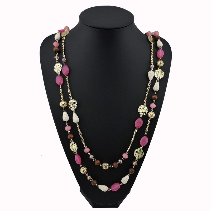 Bocar Long Necklaces for Women Trendy, Boho Layered Crystal Beaded Collar Necklaces for Women, Fashion Statement Necklaces Jewelry (Rose) - Image 4