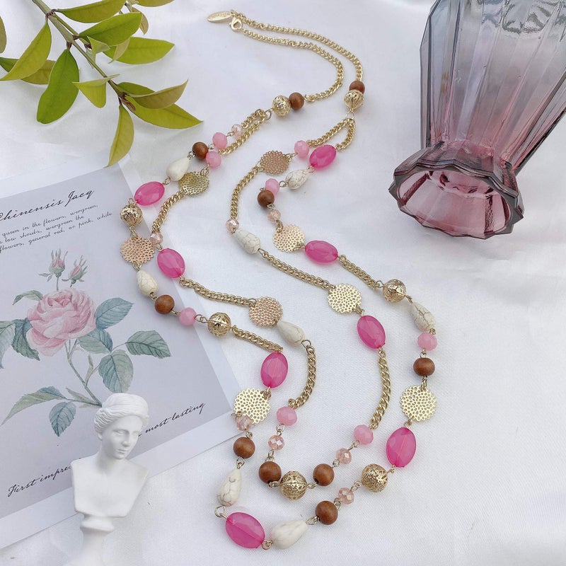 Bocar Long Necklaces for Women Trendy, Boho Layered Crystal Beaded Collar Necklaces for Women, Fashion Statement Necklaces Jewelry (Rose) - Image 2