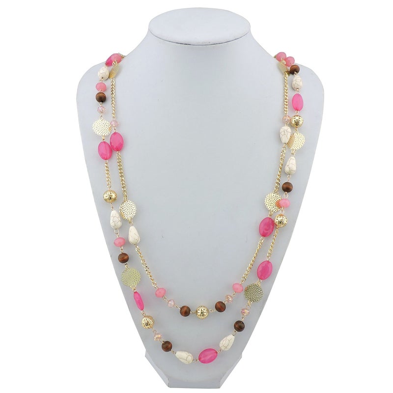 Bocar Long Necklaces for Women Trendy, Boho Layered Crystal Beaded Collar Necklaces for Women, Fashion Statement Necklaces Jewelry (Rose) - Image 3