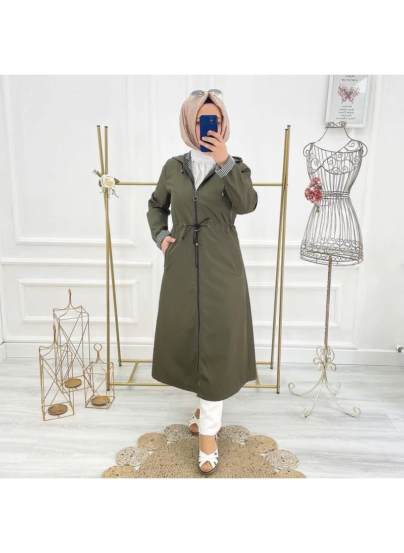 Vibeys Collection Khaki Striped and Self-Lined Waterproof Women's Trench Coat