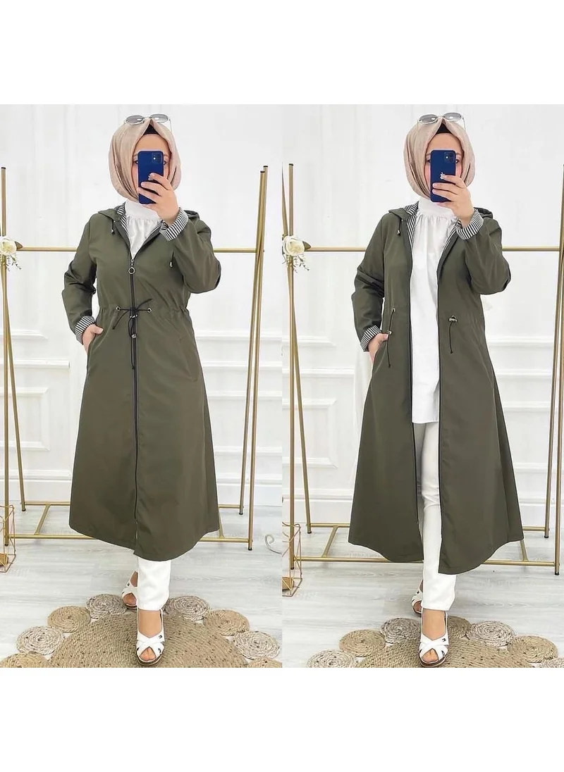 Vibeys Collection Khaki Striped and Self-Lined Waterproof Women's Trench Coat