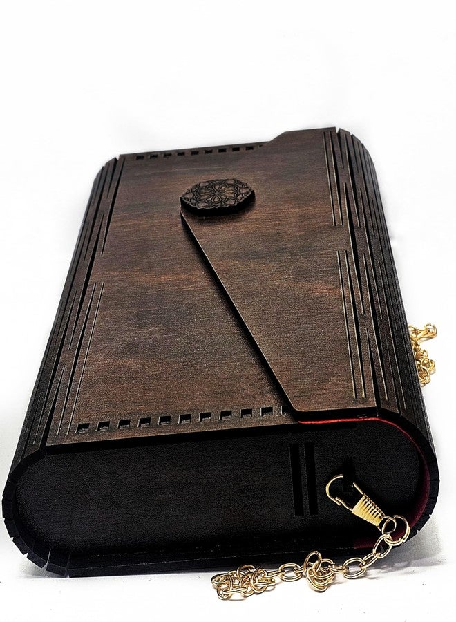 Voxmtix Elegant Evening Clutch Purse, Brown Wood Pattern, Gold Chain Strap, Floral Medallion - Image 3