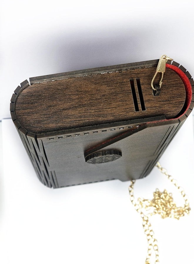 Voxmtix Elegant Evening Clutch Purse, Brown Wood Pattern, Gold Chain Strap, Floral Medallion - Image 4