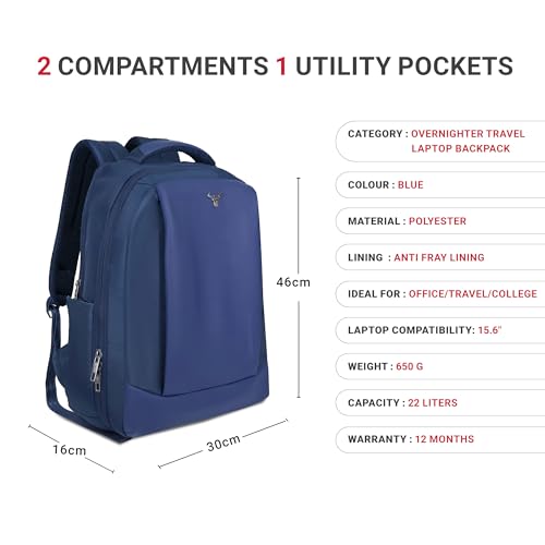 URBAN TRIBE Quest Overnighter Laptop Backpack 21L | Lightweight 650g | Fits 15.6 Inch Laptop | Water-Resistant Office, College & Travel Bag with Organizer Pockets & Padded Laptop Compartment (Navy) - Image 3