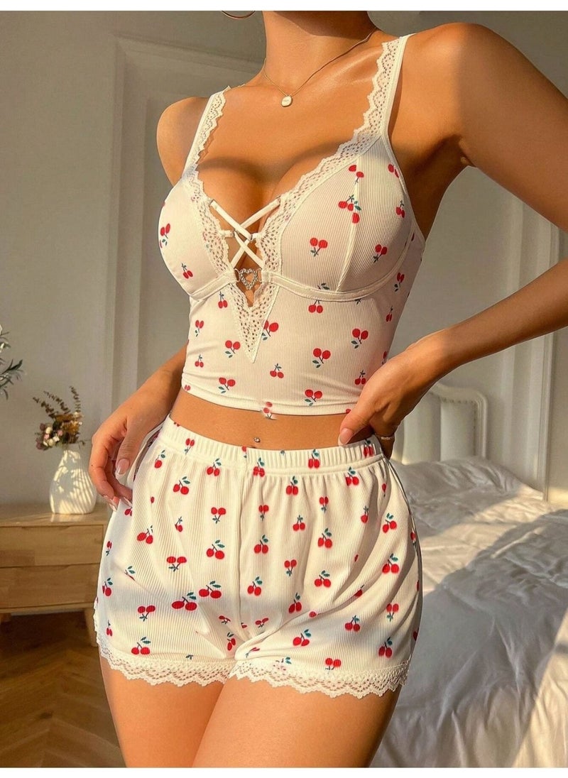 Bella Notte Cherry Patterned Lace Front Laced Top and Shorts Pajama Set  - Image 1