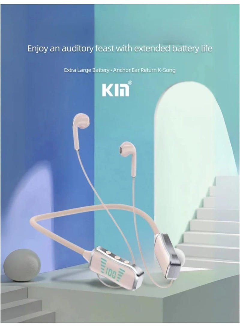 KIN KL 50 Bluetooth Neckband Earphones – 48H Playtime, 380 Days Standby, LED Display, TF Card Slot, Multifunction Button Control, Wireless Stereo Headset- Beige colour - Image 2