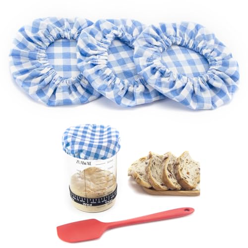 ZUAWAE Sourdough Jar Cover, Reusable Sourdough Cloth Cover, 3pc Handmade Cotton Cloth Covers for Sourdough Starter Jar Sourdough Bread Baking Supplies Fit Jars Mouth from 3-4 Inch (Blue Plaid) - Image 1