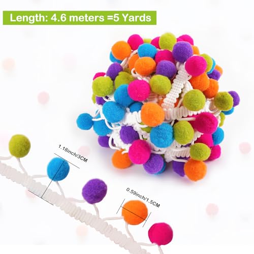 SOOKOO 5 Yards Handmade Rainbow Pom Pom Ball Fringe Trim Ribbon Sewing Fabric DIY Craft - Image 3