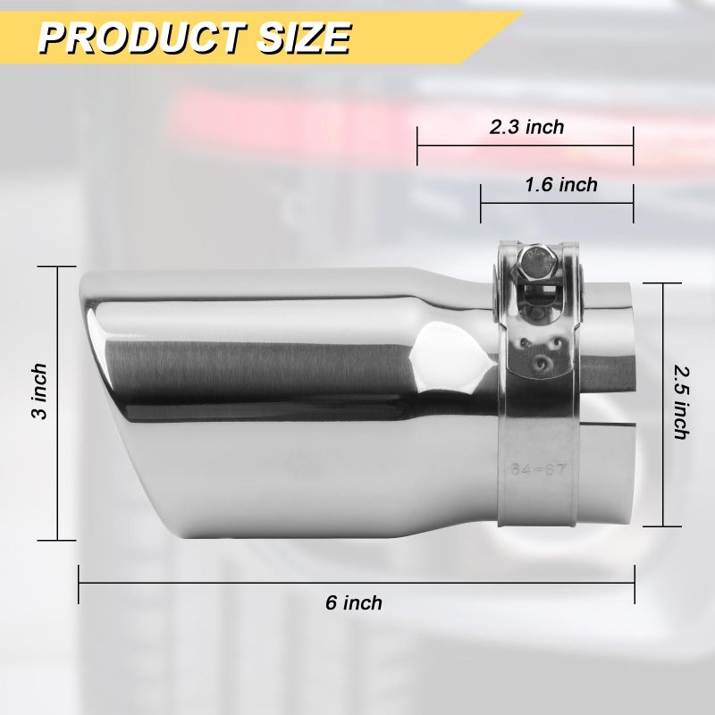 Vurkcy 2.5 inch Inlet Exhaust Tip, 3" Outlet 6" Overall Length Stainless Steel Exhaust Tail Pipe, Clamp-On, Rolled Edge, Slant Sleek Angle Cut, Polished Tailpipe, Silvery - Image 3