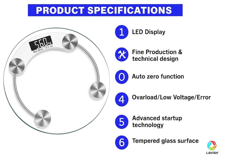 LAVISH Smart Digital LED Display Ultra-Slim Weighing Scale | Round Personal Body Weight Scale | High Accuracy Bathroom Scale | 180 kg Capacity | Tempered Glass Surface - Image 5