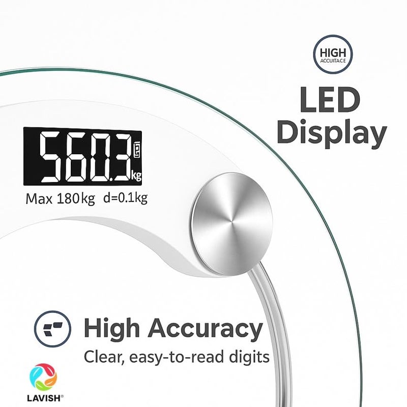 LAVISH Smart Digital LED Display Ultra-Slim Weighing Scale | Round Personal Body Weight Scale | High Accuracy Bathroom Scale | 180 kg Capacity | Tempered Glass Surface - Image 3