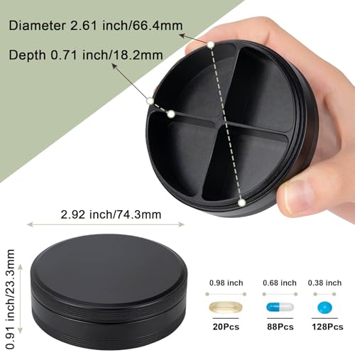 SOBAHIDO Daily Pill Organizer 4 Compartments - Metal Daily Small Pill Case Waterproof, Travel Pill Box for Purse, Compact Medicine Container Pill Dispensers Holder for Vitamin, Fish Oil, Supplement (Black) - Image 3