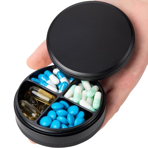 SOBAHIDO Daily Pill Organizer 4 Compartments - Metal Daily Small Pill Case Waterproof, Travel Pill Box for Purse, Compact Medicine Container Pill Dispensers Holder for Vitamin, Fish Oil, Supplement (Black) - Image 1