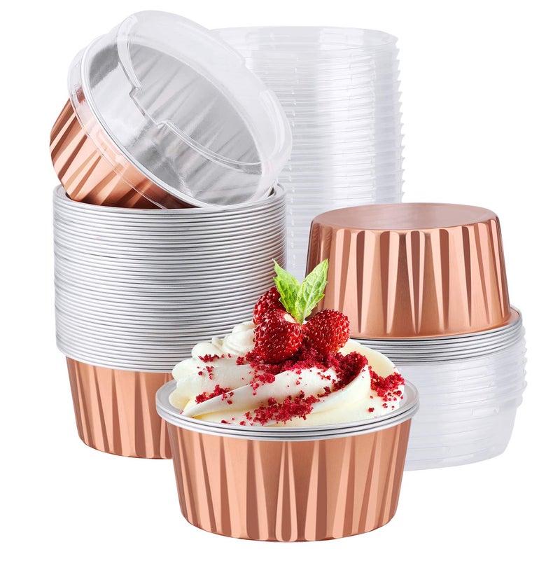 أكواب الخبز القابلة للاستخدام لمرة واحدة EUSOAR سعة 5 أونصات 50 قطعة أطباق كعك الألمنيوم مع أغطية