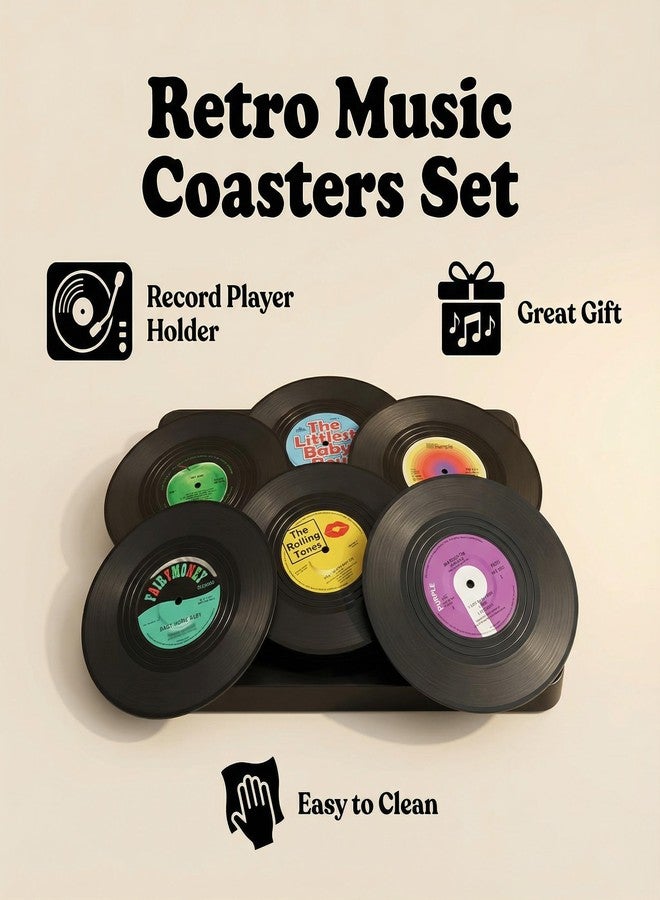 MECOWON Vinyl Record Coasters with Record Player Holder - 6Packs, Cool Coasters for Music Lovers - Image 3