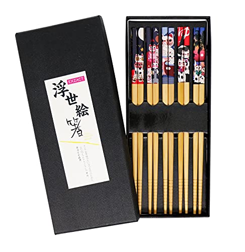 Exzact Chopsticks Gift Set - 5 Pairs of Reusable Natural Bamboo Chopsticks in a Beautiful Black Handmade Box - Decorated Japanese Lucky Cat/Fortune Cat Style - Image 1