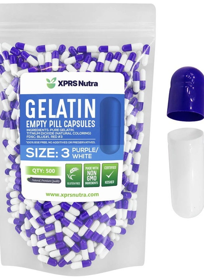 XPRS Nutra كبسولات فارغة بحجم 3 - 500 عدداً كبسولات جيلاتينية فارغة - كبسولات حبوب فارغة - تعبئة كبسولات بنفسك - كبسولات حبوب بقرية فارغة (بنفسجي/أبيض) - Image 1