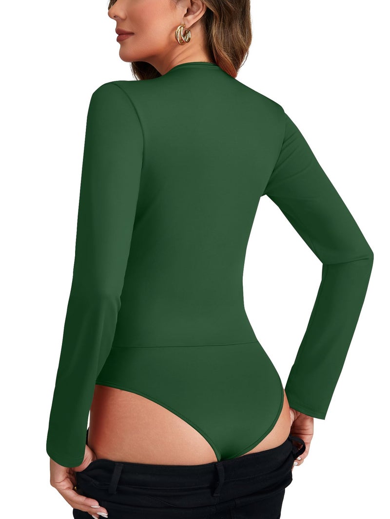 LYANER Women's Wraped V Neck Ruched Long Sleeve Leotard Bodysuit Top Dark Green# X-Small - Image 3