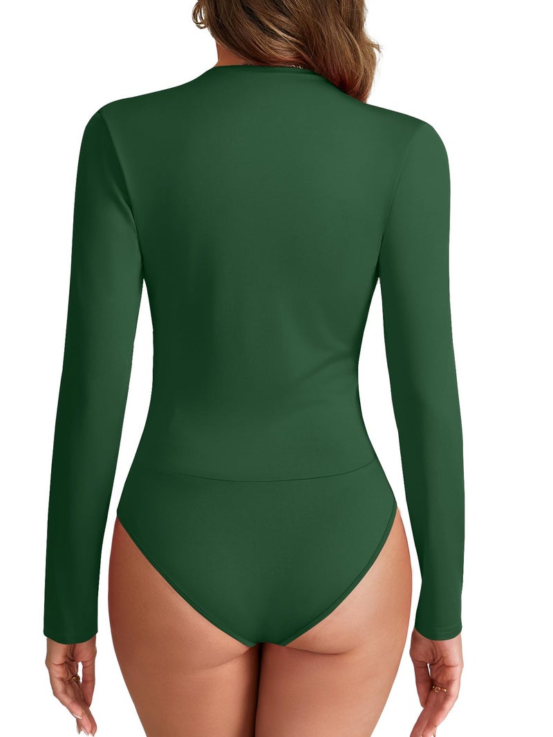 LYANER Women's Wraped V Neck Ruched Long Sleeve Leotard Bodysuit Top Dark Green# X-Small - Image 5