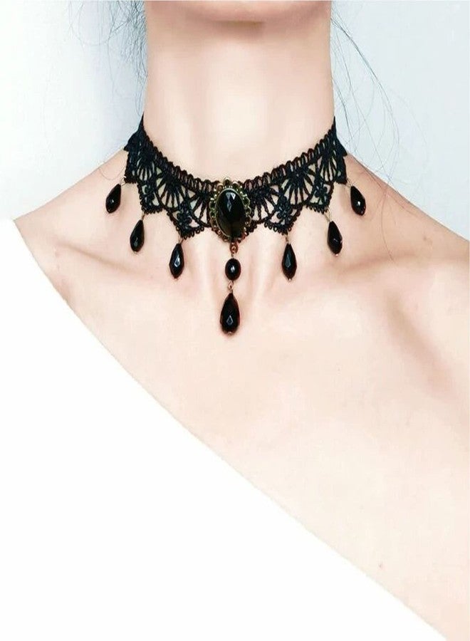 Yheakne Boho Crystal Lace Choker Necklace Black Teardrop Necklace Choker Gothic Droplet Crystal Collar Necklace Retro Vintage 90s Necklace Chain Jewelry for Women - Image 2