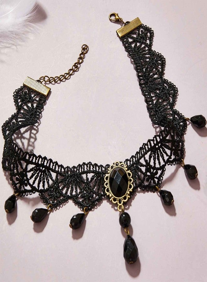 Yheakne Boho Crystal Lace Choker Necklace Black Teardrop Necklace Choker Gothic Droplet Crystal Collar Necklace Retro Vintage 90s Necklace Chain Jewelry for Women - Image 4
