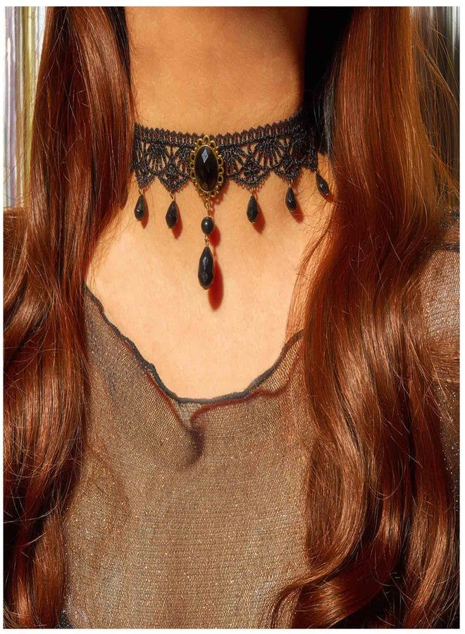 Yheakne Boho Crystal Lace Choker Necklace Black Teardrop Necklace Choker Gothic Droplet Crystal Collar Necklace Retro Vintage 90s Necklace Chain Jewelry for Women - Image 3