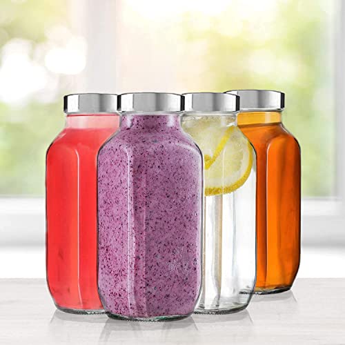 Brezzycloud 500ml French Square Reusable Travel Glass Drinking Fridge Bottle with Metal Silver Lid, Perfect for Home, Travel, Juicing, Water, Smoothie - 500ml - Set Of 4 - Image 1
