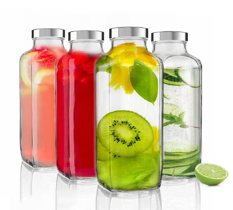 Brezzycloud 500ml French Square Reusable Travel Glass Drinking Fridge Bottle with Metal Silver Lid, Perfect for Home, Travel, Juicing, Water, Smoothie - 500ml - Set Of 4 - Image 5