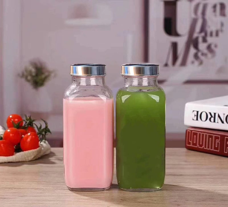 Brezzycloud 500ml French Square Reusable Travel Glass Drinking Fridge Bottle with Metal Silver Lid, Perfect for Home, Travel, Juicing, Water, Smoothie - 500ml - Set Of 4 - Image 2