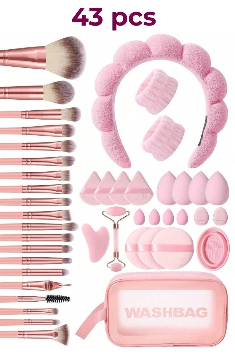 فرش مكياج مجموعه مكونه من 43 قطعه تحتوي على 20  فرشة مكياج اساسية بجميع الاحجام ، اسفنجات مكياج باحجام متعددة تناسب جميع اماكن الوجه ، ادوات مساج وعناية للبشره ، طوق شعر ، مناشف معصم ،قطعة تنظيف فرش المكياج و حقيبة مجموعه متكامله باللون الوردي الانثوي يضيف لمسة مميزه على روتينك - Image 2