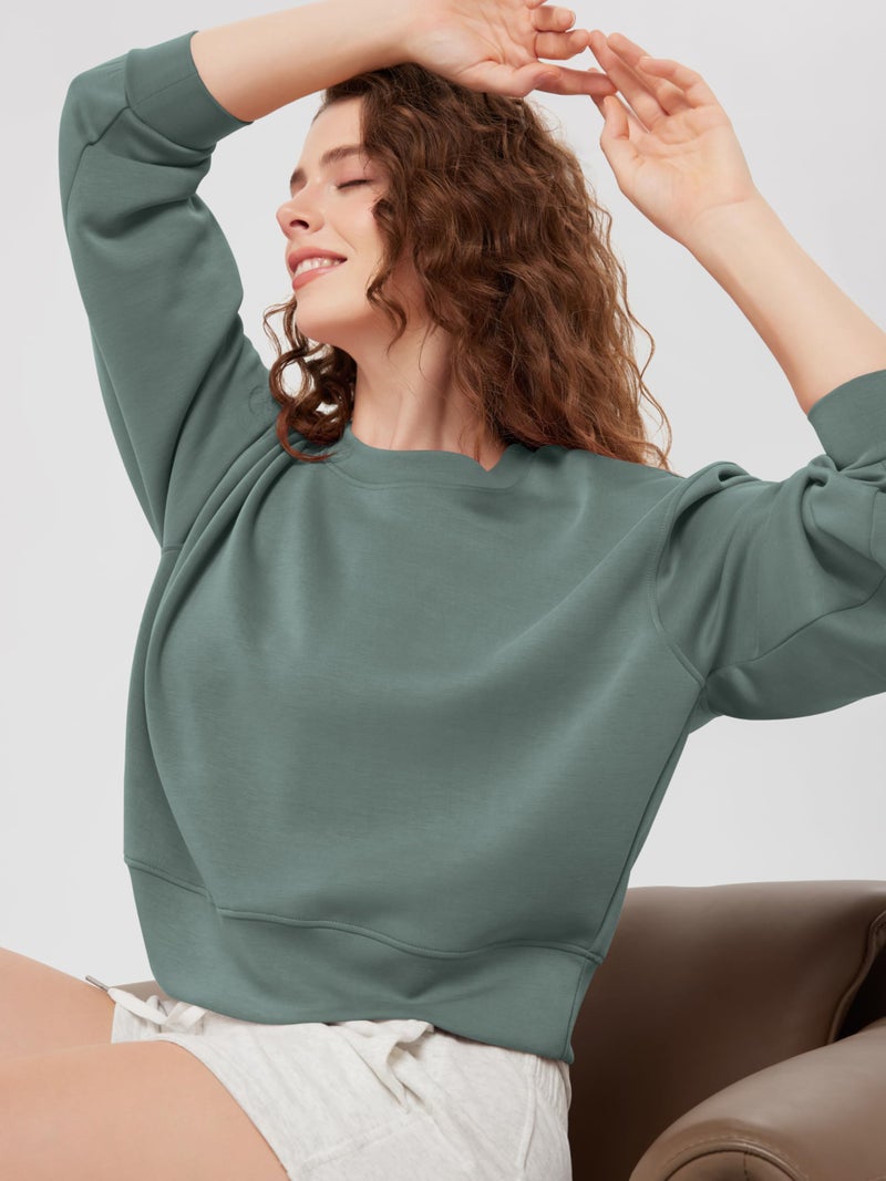ODODOS Modal Soft Long Sleeve Cropped Sweatshirts for Women Oversized Crew Neck Pullover Crop Top, Slate Green, Medium - Image 4