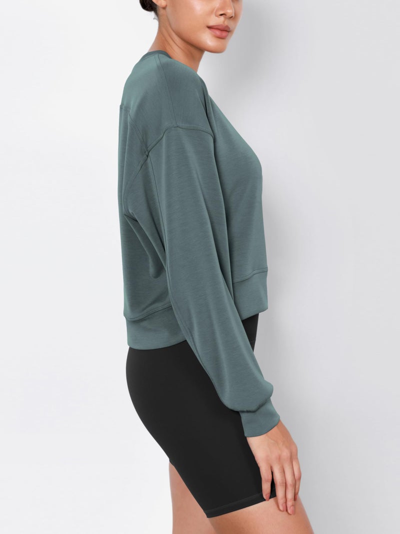 ODODOS Modal Soft Long Sleeve Cropped Sweatshirts for Women Oversized Crew Neck Pullover Crop Top, Slate Green, Medium - Image 2