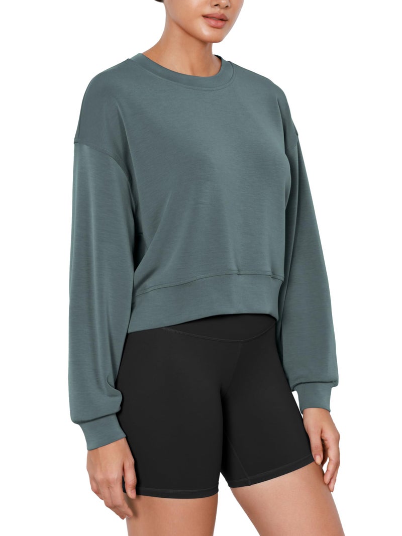 ODODOS Modal Soft Long Sleeve Cropped Sweatshirts for Women Oversized Crew Neck Pullover Crop Top, Slate Green, Medium - Image 1