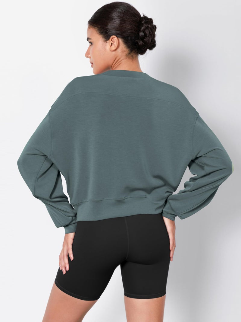 ODODOS Modal Soft Long Sleeve Cropped Sweatshirts for Women Oversized Crew Neck Pullover Crop Top, Slate Green, Medium - Image 3