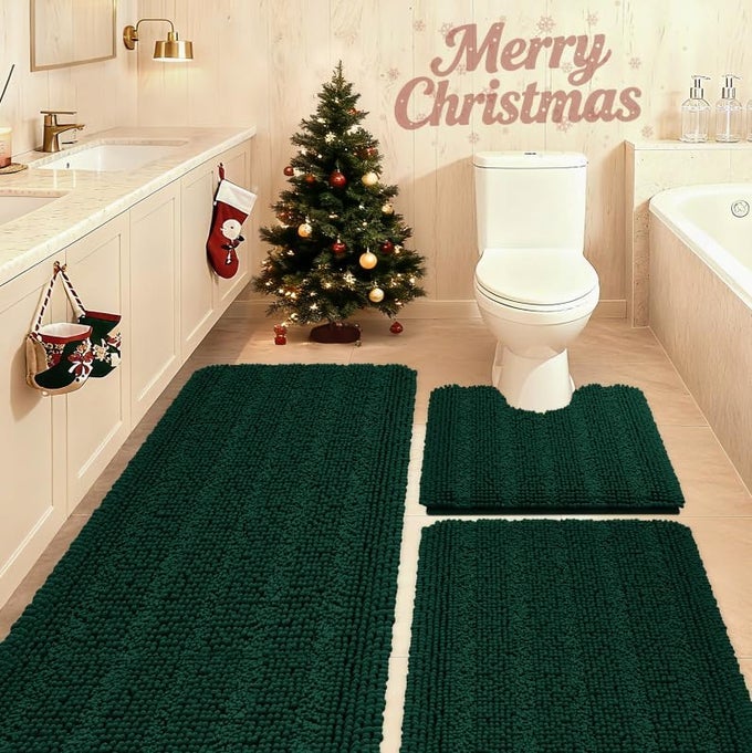 STRIPED DEEP GREEN BATHROOM RUG SET 3 PIECES ULTRA SOFT NON SLIP CHENILLE BATH CARPET ABSORBENT PLUSH SHAGGY BATH MATS FOR BATHROOM TOILET BEDROOM KITCHEN