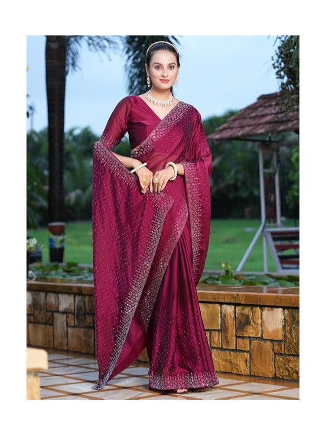 Women's Georgette Fixing Stone Work Saree with Unstitched Blouse Piece