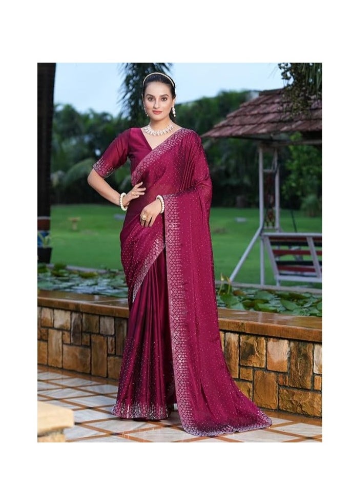 Women's Georgette Fixing Stone Work Saree with Unstitched Blouse Piece
