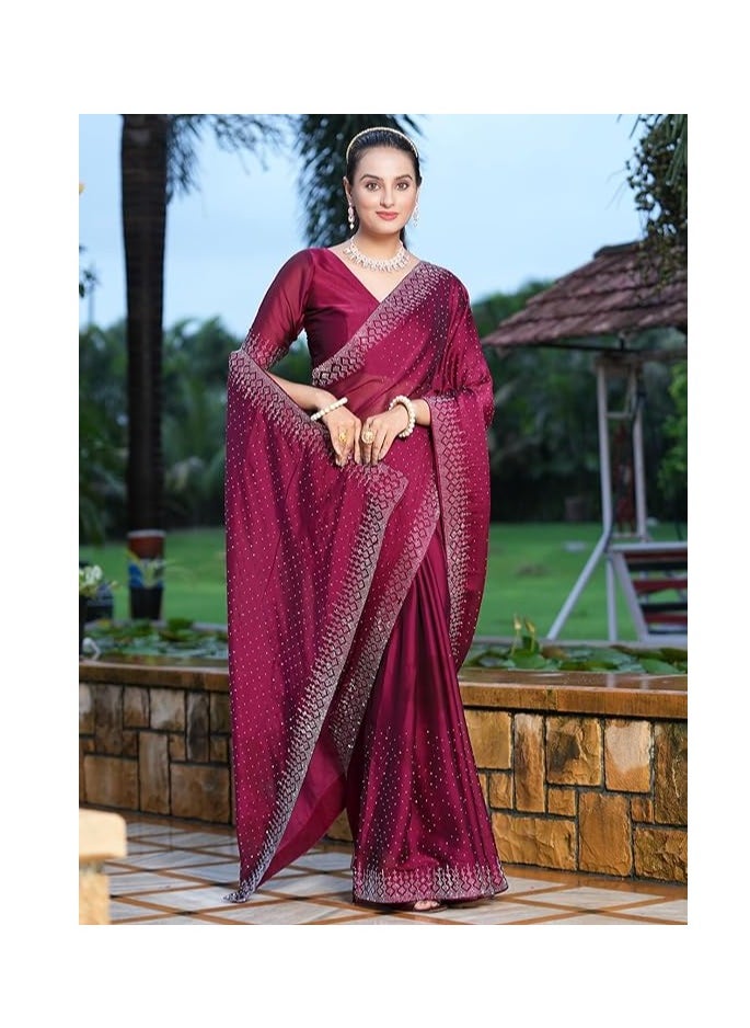 Women's Georgette Fixing Stone Work Saree with Unstitched Blouse Piece