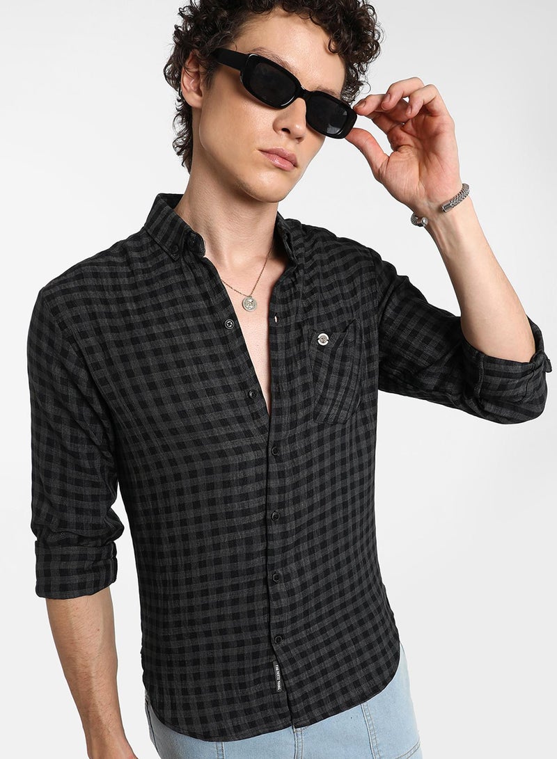 كامبوس سوترا Men's Charcoal Grey Gingham Shirt  - Image 1