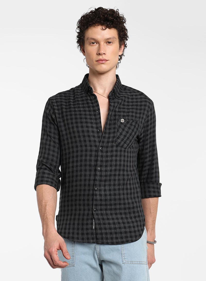 كامبوس سوترا Men's Charcoal Grey Gingham Shirt  - Image 2