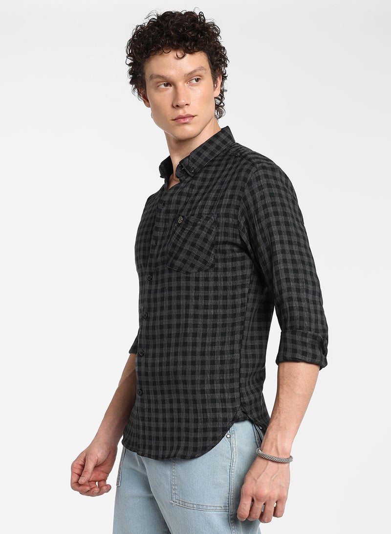 كامبوس سوترا Men's Charcoal Grey Gingham Shirt  - Image 3