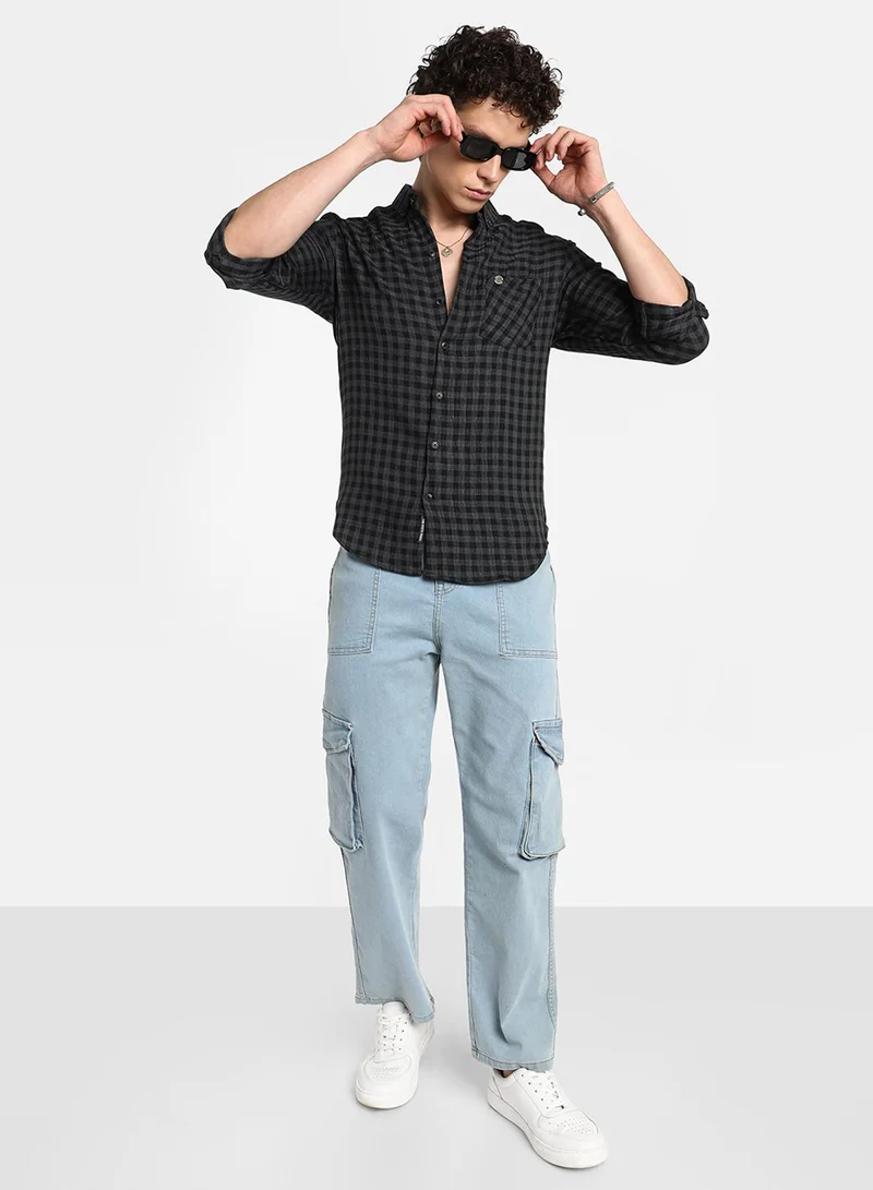 Campus Sutra Men's Charcoal Grey Gingham Shirt