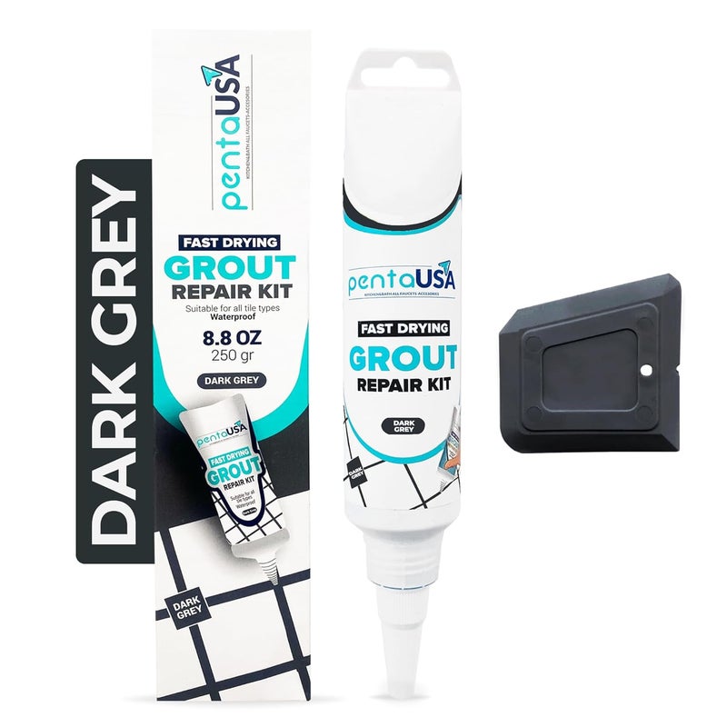 PENTAUSA Tile Grout Repair Kit - Dark Grey Filler, Triple Protection, Fast Drying Formula Restores and Renews Lines With Float (8.8oz / 250gr) - Image 1