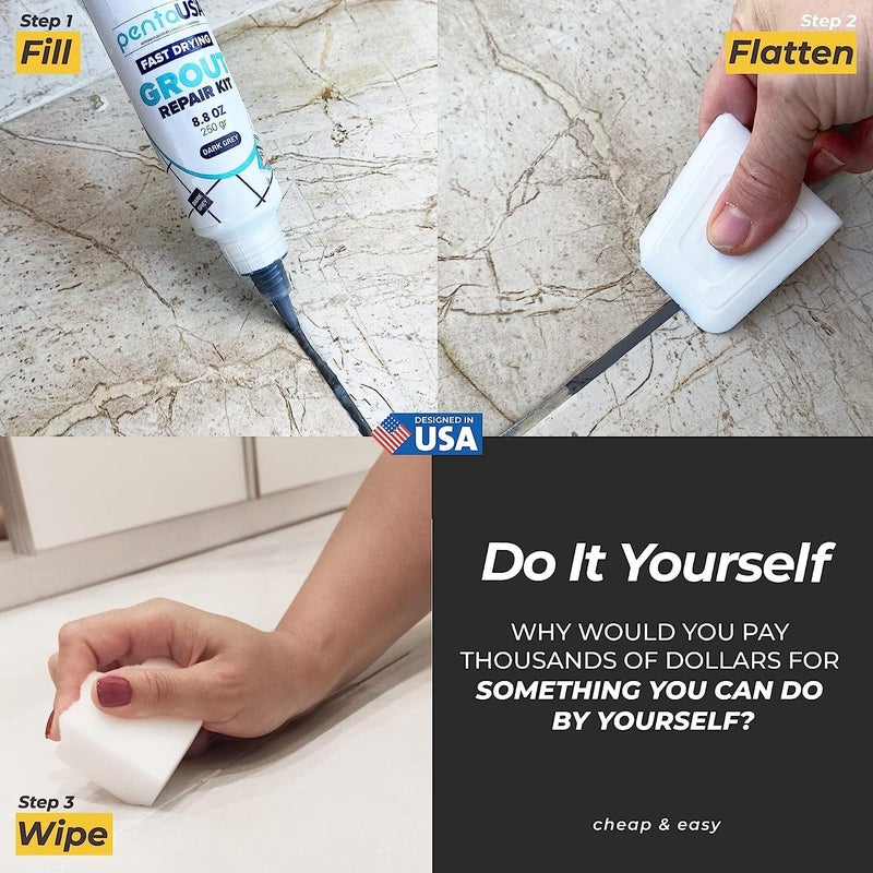 PENTAUSA Tile Grout Repair Kit - Dark Grey Filler, Triple Protection, Fast Drying Formula Restores and Renews Lines With Float (8.8oz / 250gr) - Image 2