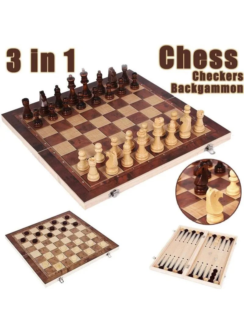 AROAQ 3 In 1 Chess Board Folding Wooden Portable Chess Game Board Wooden Chess Board For Adults Chess Checkers Backgammon - Image 1